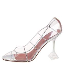 Pre Owned Amina Muaddi Silver Crystal Embellished PVC Kitty Glass Pumps Size 40.5