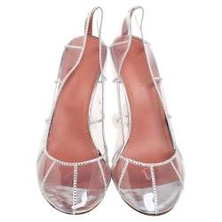 Pre Owned Amina Muaddi Silver Crystal Embellished PVC Kitty Glass Pumps Size 40.5