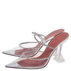 Pre Owned Amina Muaddi Silver Crystal Embellished PVC Gilda Glass Pointed-Toe Mules Size 39