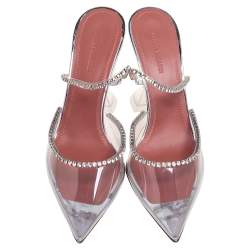 Pre Owned Amina Muaddi Silver Crystal Embellished PVC Gilda Glass Pointed-Toe Mules Size 39