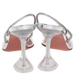 Pre Owned Amina Muaddi Silver Crystal Embellished PVC Gilda Glass Pointed-Toe Mules Size 39