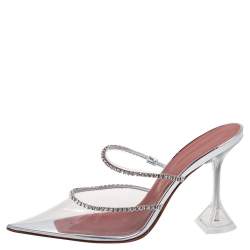 Pre Owned Amina Muaddi Silver Crystal Embellished PVC Gilda Glass Pointed-Toe Mules Size 39
