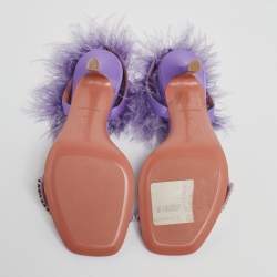 Pre Owned Amina Muaddi Purple Satin And Fur Crystal Embellished Sandals Size 36