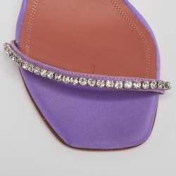 Pre Owned Amina Muaddi Purple Satin And Fur Crystal Embellished Sandals Size 36