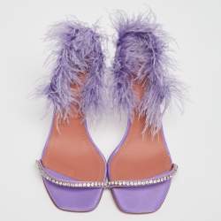 Pre Owned Amina Muaddi Purple Satin And Fur Crystal Embellished Sandals Size 36