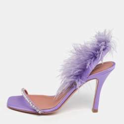 Pre Owned Amina Muaddi Purple Satin And Fur Crystal Embellished Sandals Size 36