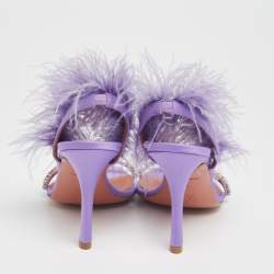 Pre Owned Amina Muaddi Purple Satin And Fur Crystal Embellished Sandals Size 36