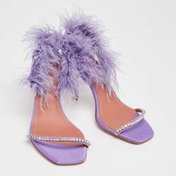 Pre Owned Amina Muaddi Purple Satin And Fur Crystal Embellished Sandals Size 36