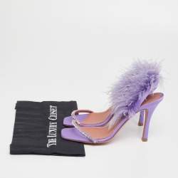 Pre Owned Amina Muaddi Purple Satin And Fur Crystal Embellished Sandals Size 36