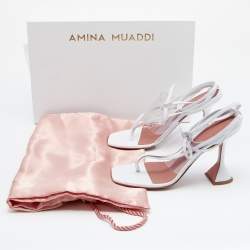 Pre Owned Amina Muaddi White Leather And PVC Ankle Wrap Sandals Size 36.5