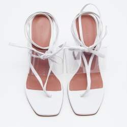 Pre Owned Amina Muaddi White Leather And PVC Ankle Wrap Sandals Size 36.5