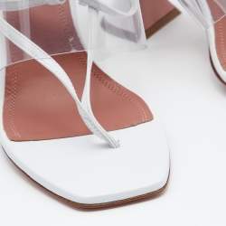 Pre Owned Amina Muaddi White Leather And PVC Ankle Wrap Sandals Size 36.5