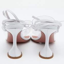 Pre Owned Amina Muaddi White Leather And PVC Ankle Wrap Sandals Size 36.5