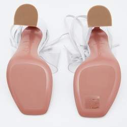 Pre Owned Amina Muaddi White Leather And PVC Ankle Wrap Sandals Size 36.5