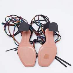 Pre Owned Amina Muaddi x AWGE Black Satin LSD Crystal Embellished Gladiator Sandals Size 37