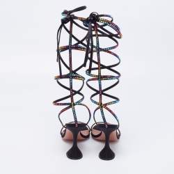 Pre Owned Amina Muaddi x AWGE Black Satin LSD Crystal Embellished Gladiator Sandals Size 37
