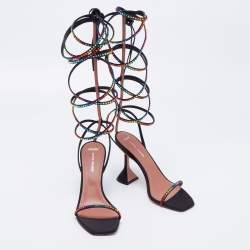Pre Owned Amina Muaddi x AWGE Black Satin LSD Crystal Embellished Gladiator Sandals Size 37