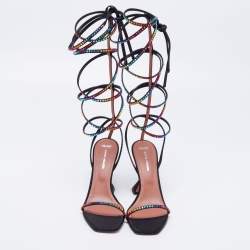 Pre Owned Amina Muaddi x AWGE Black Satin LSD Crystal Embellished Gladiator Sandals Size 37