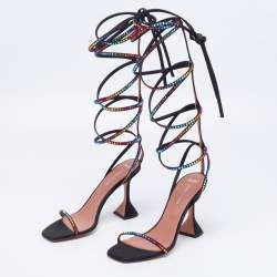 Pre Owned Amina Muaddi x AWGE Black Satin LSD Crystal Embellished Gladiator Sandals Size 37