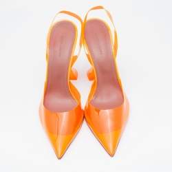 Pre Owned Amina Muaddi Neon Orange PVC Holli Glass Slingback Sandals Size 40