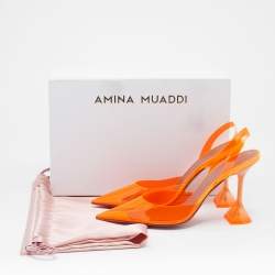 Pre Owned Amina Muaddi Neon Orange PVC Holli Glass Slingback Sandals Size 40