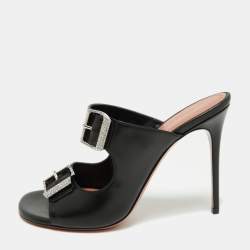 Amina Muaddi Black Leather Millie Crystal Embellished Sandals Size 38