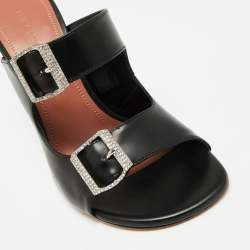 Amina Muaddi Black Leather Millie Crystal Embellished Sandals Size 38