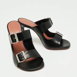 Amina Muaddi Black Leather Millie Crystal Embellished Sandals Size 38