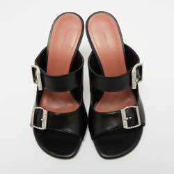 Amina Muaddi Black Leather Millie Crystal Embellished Sandals Size 38
