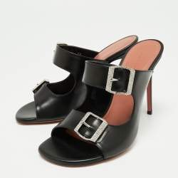 Amina Muaddi Black Leather Millie Crystal Embellished Sandals Size 38