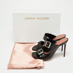 Amina Muaddi Black Leather Millie Crystal Embellished Sandals Size 38
