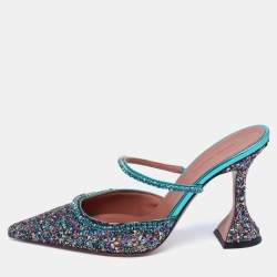 Pre Owned Amina Muaddi Multicolor Glitter Crystal Embellished Gilda Mules Size 37.5