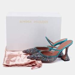 Pre Owned Amina Muaddi Multicolor Glitter Crystal Embellished Gilda Mules Size 37.5