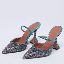 Pre Owned Amina Muaddi Multicolor Glitter Crystal Embellished Gilda Mules Size 37.5