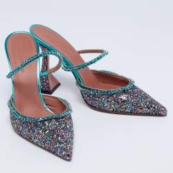 Pre Owned Amina Muaddi Multicolor Glitter Crystal Embellished Gilda Mules Size 37.5