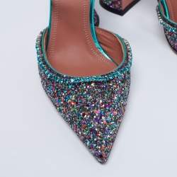 Pre Owned Amina Muaddi Multicolor Glitter Crystal Embellished Gilda Mules Size 37.5