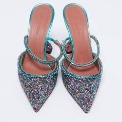 Pre Owned Amina Muaddi Multicolor Glitter Crystal Embellished Gilda Mules Size 37.5