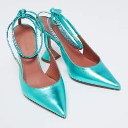 Pre Owned Amina Muaddi Green Leather Embellished Karma Pumps Size 38