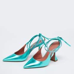 Pre Owned Amina Muaddi Green Leather Embellished Karma Pumps Size 38
