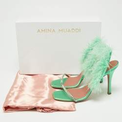 Pre Owned Amina Muaddi Green Satin Crystal Embellished And Feather Adwoa Slingback Sandals Size 38