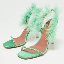 Pre Owned Amina Muaddi Green Satin Crystal Embellished And Feather Adwoa Slingback Sandals Size 38