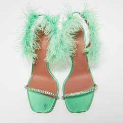 Pre Owned Amina Muaddi Green Satin Crystal Embellished And Feather Adwoa Slingback Sandals Size 38