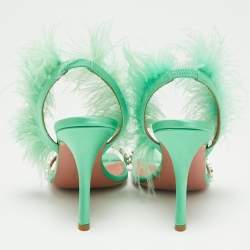 Pre Owned Amina Muaddi Green Satin Crystal Embellished And Feather Adwoa Slingback Sandals Size 38