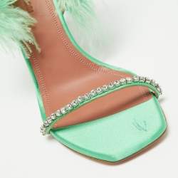 Pre Owned Amina Muaddi Green Satin Crystal Embellished And Feather Adwoa Slingback Sandals Size 38