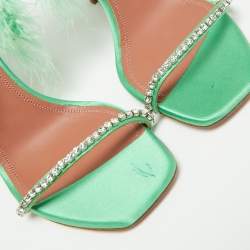 Pre Owned Amina Muaddi Green Satin Crystal Embellished And Feather Adwoa Slingback Sandals Size 38