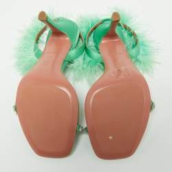 Pre Owned Amina Muaddi Green Satin Crystal Embellished And Feather Adwoa Slingback Sandals Size 38