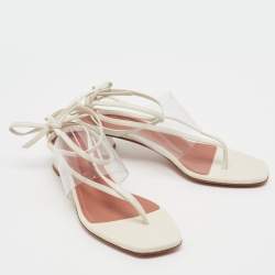 Pre Owned Amina Muaddi Cream Leather and PVC Zula Ankle Tie Sandals Size 37.5
