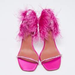 Pre Owned Amina Muaddi Pink Satin And Feather Adwoa Crystal Embellished Slingback Sandals Size 38