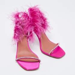 Pre Owned Amina Muaddi Pink Satin And Feather Adwoa Crystal Embellished Slingback Sandals Size 38