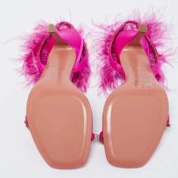 Pre Owned Amina Muaddi Pink Satin And Feather Adwoa Crystal Embellished Slingback Sandals Size 38